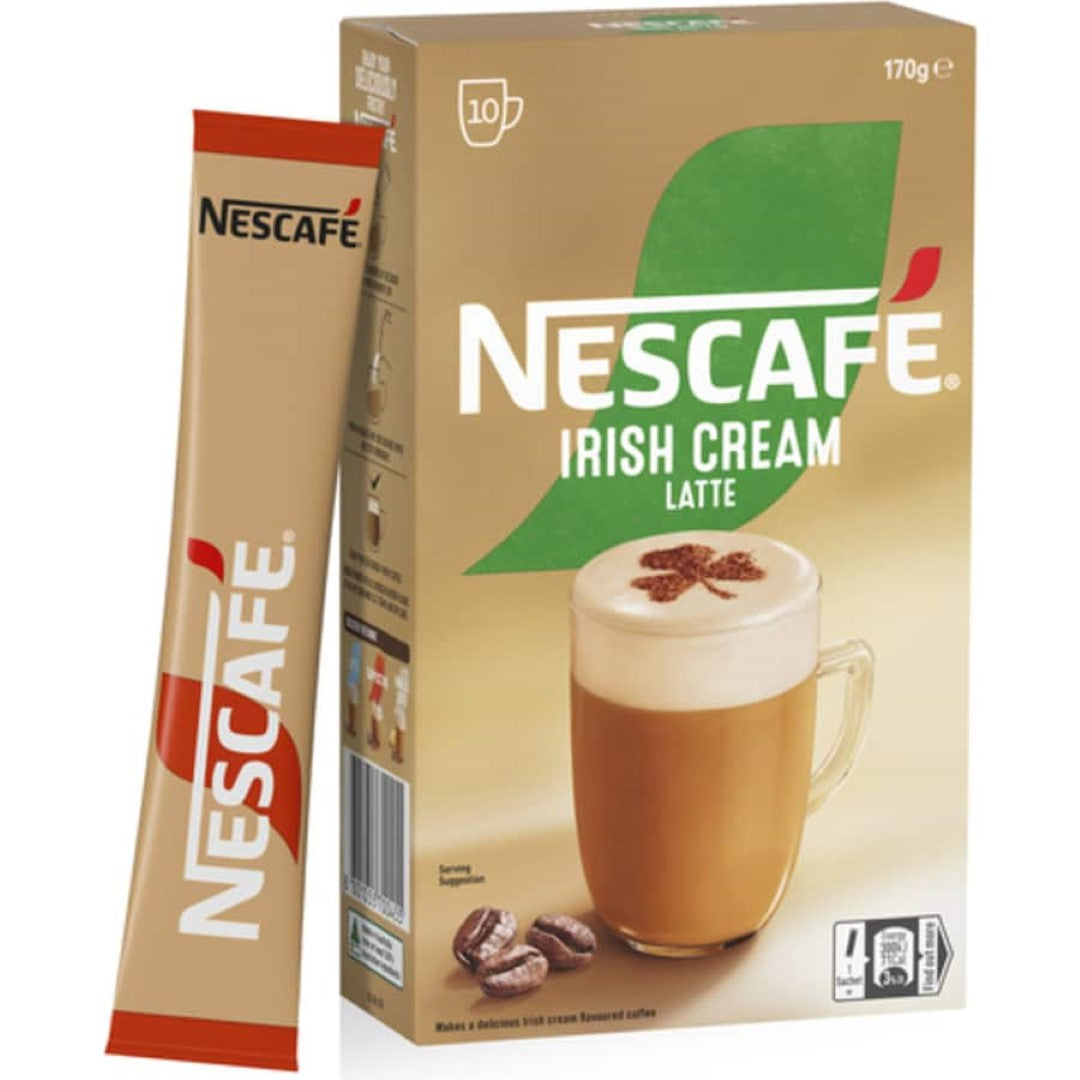 Nescafe Cafe Menu Irish Cream Latte 10-pack, rich coffee mix with creamy Irish cream flavor for a luxurious coffee experience.