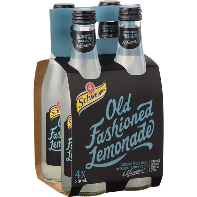 Schweppes Traditional Lemonade: refreshing drink with 5% real lemon juice for a zesty, crisp taste in glass bottles.