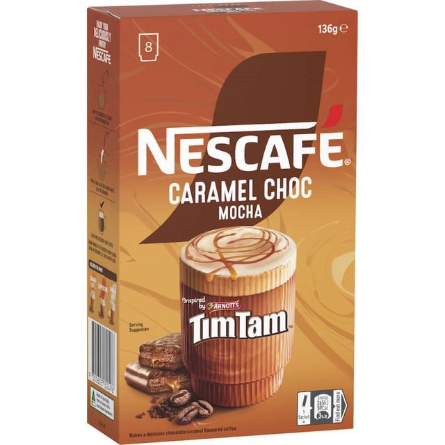 Nescafe Tim Tam Coffee Sachets, 8-pack, featuring caramel choc mocha flavors for a rich, frothy coffee experience.