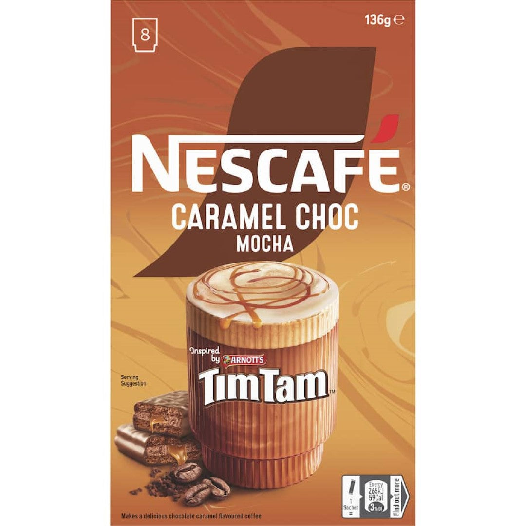 Nescafe Tim Tam Coffee Sachets pack featuring 8 caramel choc mocha servings for a rich and frothy coffee experience.