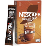 Nescafe Tim Tam Coffee Sachets pack featuring caramel choc mocha flavor, convenient 8 sachets for quick frothy coffee.