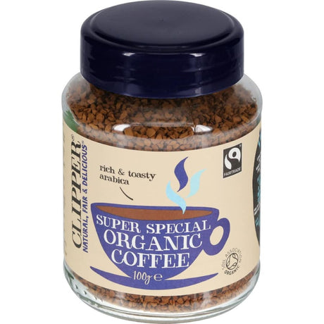 A jar of Clipper Instant Coffee Super Special Organic, featuring rich flavor and convenient brewing for busy mornings.