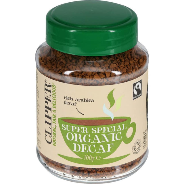 Aromatic Clipper Organic Decaf Instant Coffee, offering rich flavor and convenience without caffeine for a guilt-free experience.