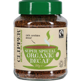 A jar of Clipper Instant Coffee Super Special Organic Decaf, showcasing its rich flavor and organic, caffeine-free blend.