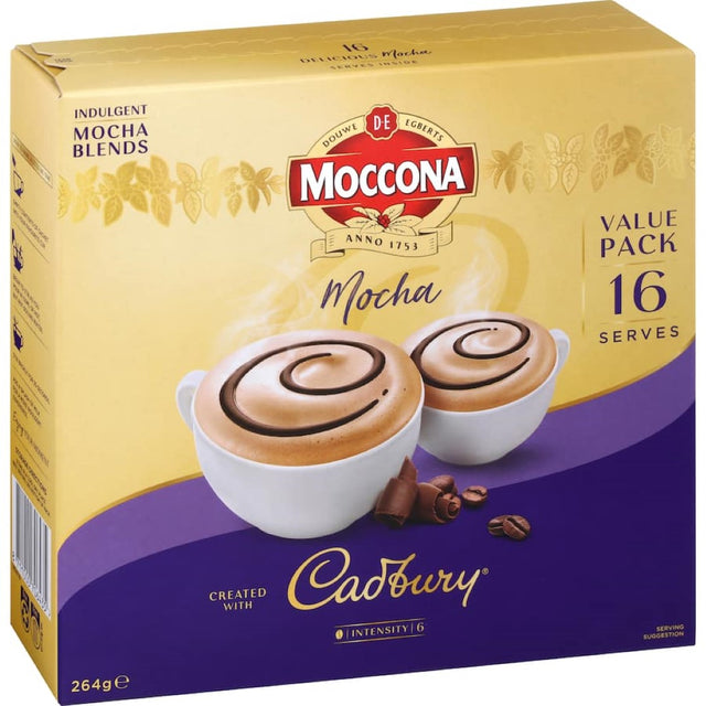 Moccona Coffee Sachets Cadbury Mocha: 16 sachets for a rich, chocolatey café mocha blend, only 69 calories, easy to prepare.