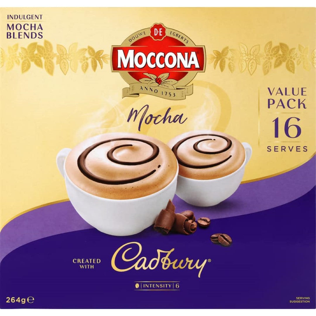 Moccona Coffee Sachets Cadbury Mocha: rich mocha coffee blend with Cadbury cocoa, eco-friendly packaging, 69 calories per serving.