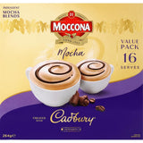 Moccona Coffee Sachets Cadbury Mocha: rich mocha coffee blend with Cadbury cocoa, eco-friendly packaging, 69 calories per serving.