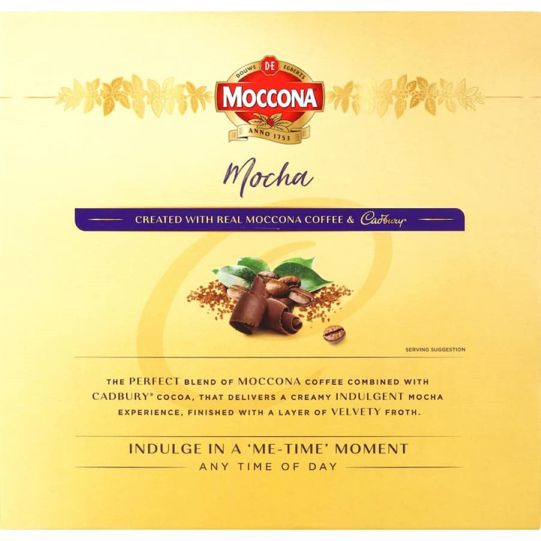 Moccona Coffee Sachets Cadbury Mocha pack featuring 16 chocolatey coffee sachets for an indulgent, guilt-free drink.