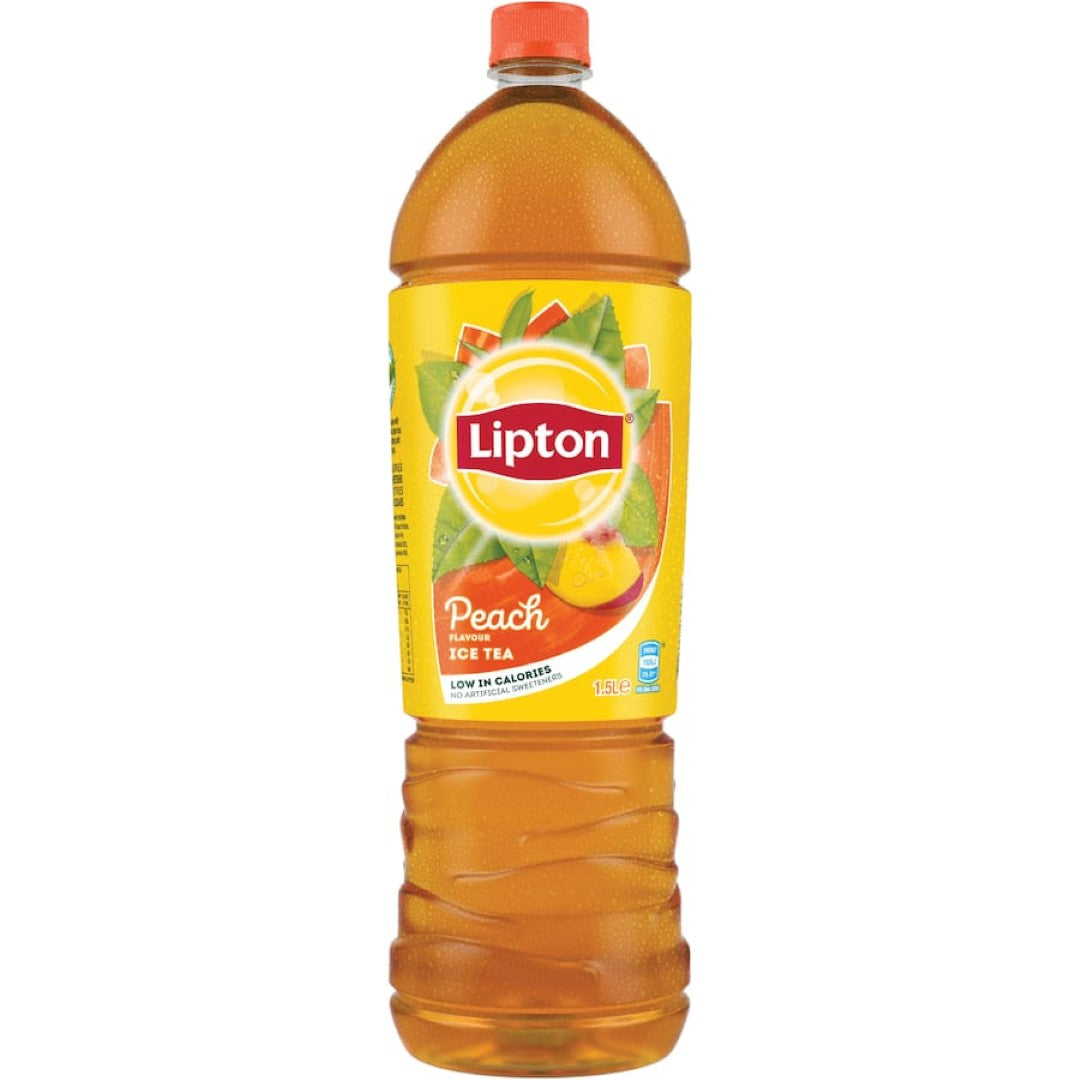 Refreshing Lipton Ice Tea Peach in a 1.5L bottle, blending quality black tea with sweet peach, perfect for sharing.