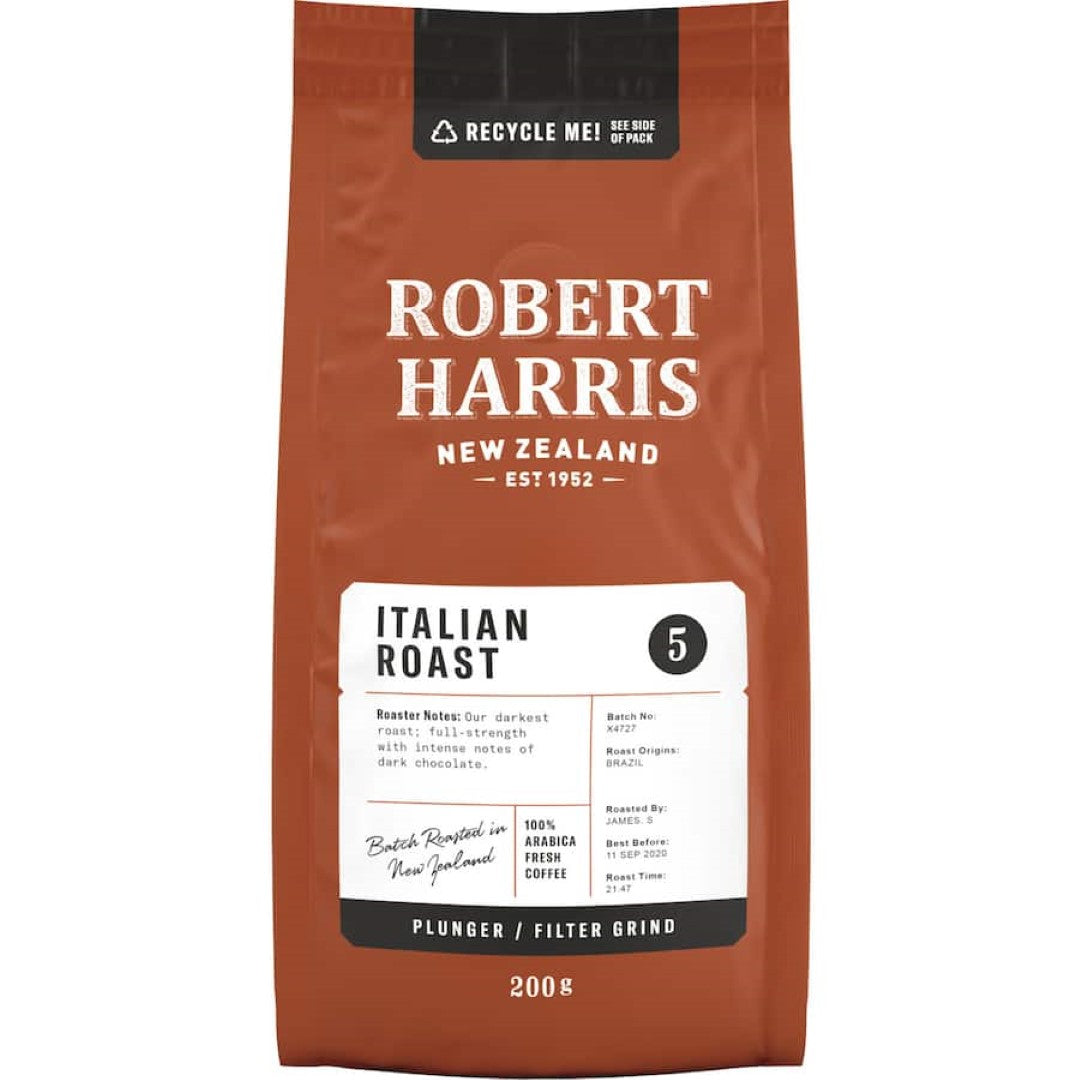 Aromatic Robert Harris Italian Roast coffee for plunger and filter, featuring bold flavors of dark chocolate and caramel.