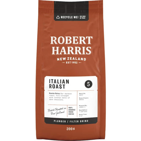 Aromatic Robert Harris Italian Roast coffee for plunger and filter, featuring bold flavors of dark chocolate and caramel.