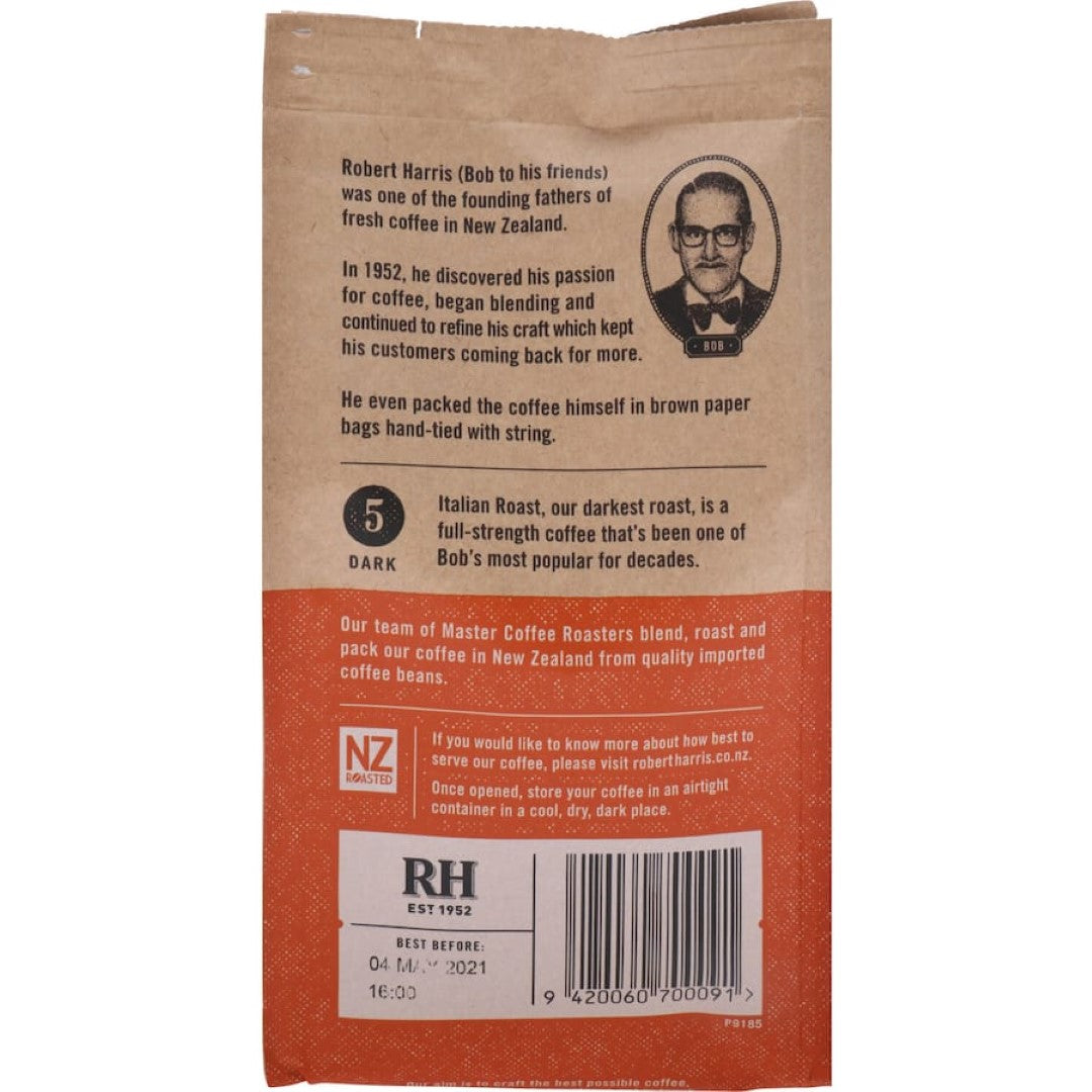 A bag of Robert Harris Italian Roast coffee, showcasing bold flavors ideal for espresso lovers, with hints of chocolate and caramel.