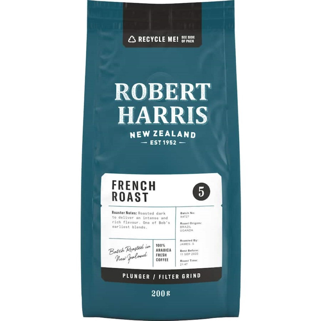 Rich and bold Robert Harris Plunger & Filter Grind French Roast coffee, perfect for a smooth, robust brewing experience.