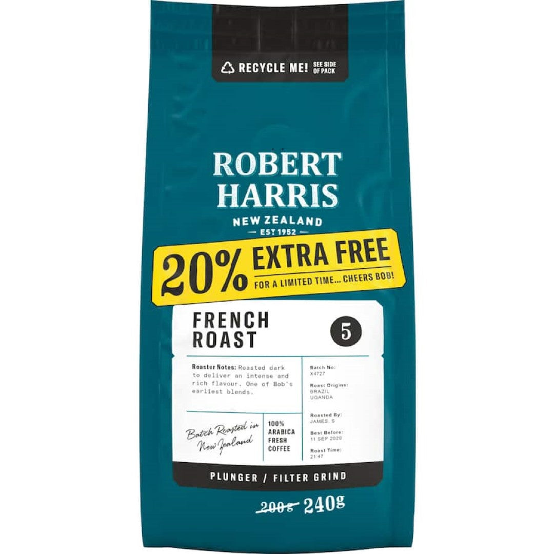 Richly flavored Robert Harris French Roast coffee, perfect for plunger and filter brewing, offers smooth, bold coffee enjoyment.