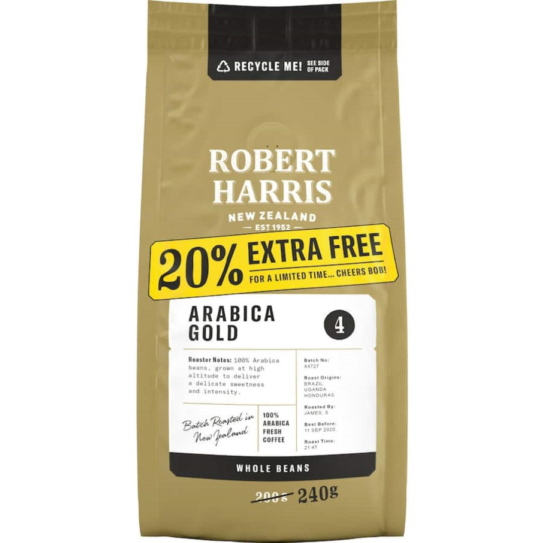 Premium Robert Harris Arabica Gold coffee beans, smooth flavor and rich aroma for a luxurious coffee experience.