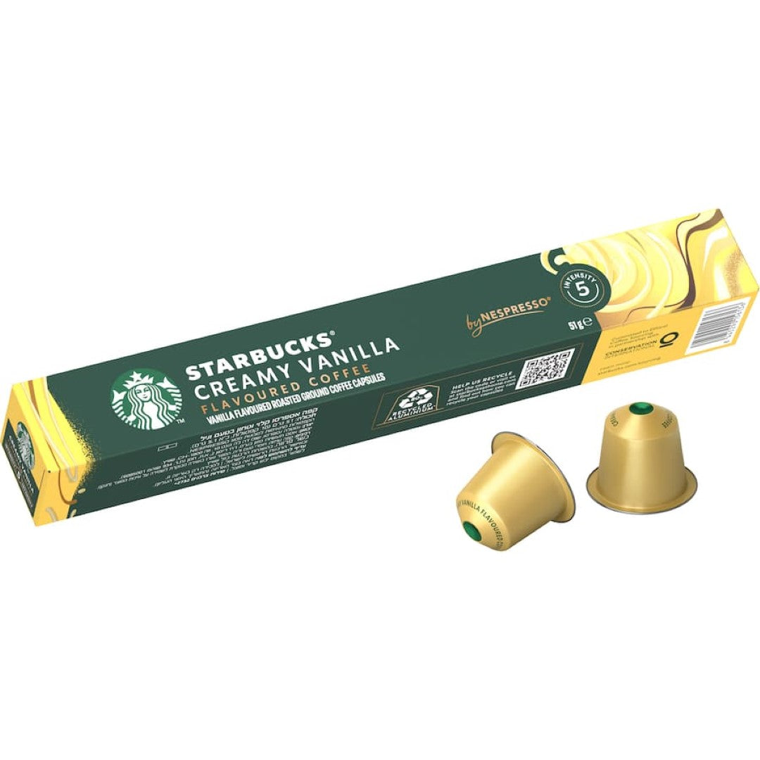 Starbucks By Nespresso Creamy Vanilla capsules featuring rich Arabica coffee blended with sweet vanilla flavors.