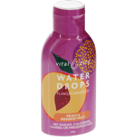 Vital Zing Waterdrops in Peach and Passionfruit flavor for a refreshing, zero-calorie water enhancer.