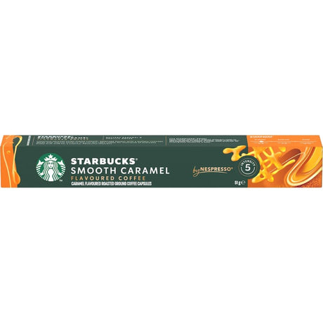 Starbucks By Nespresso Smooth Caramel capsules offer rich Arabica coffee with buttery caramel and vanilla notes for a delightful brew.