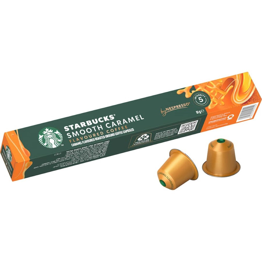 Starbucks By Nespresso Smooth Caramel capsules featuring rich Arabica coffee with buttery caramel and vanilla notes for a delightful brew.