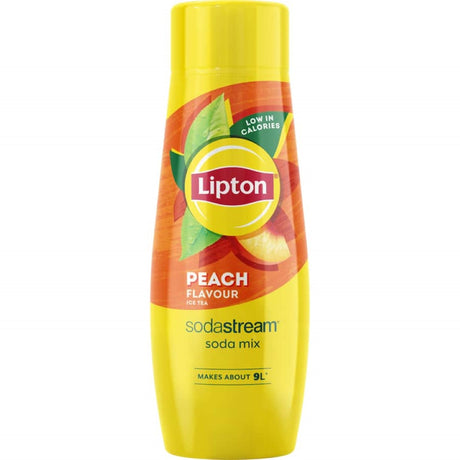 Bottle of Lipton Sodastream Syrup in Peach Flavour, perfect for making refreshing iced tea at home.