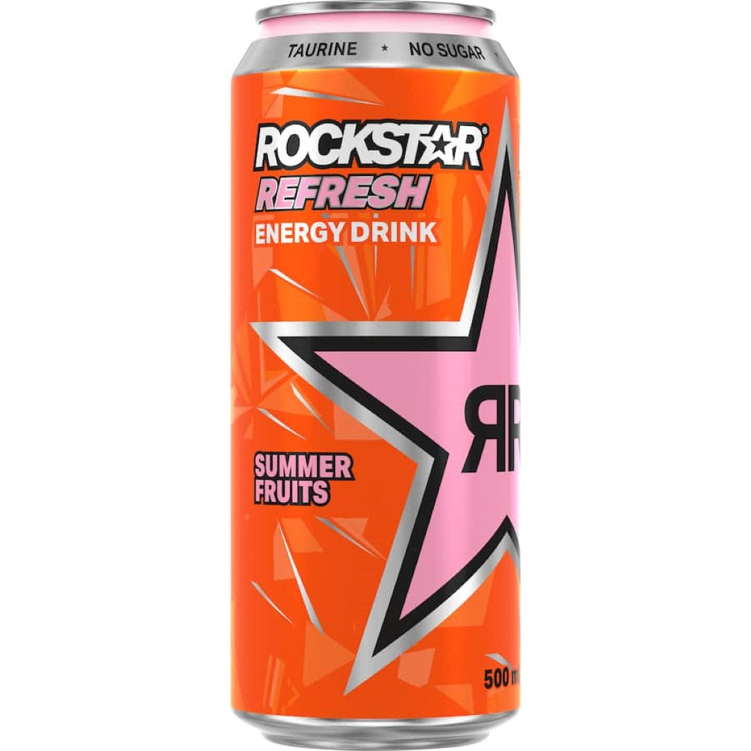 A refreshing Rockstar Refresh Energy Drink with a summer fruit blend, perfect for energizing active lifestyles.