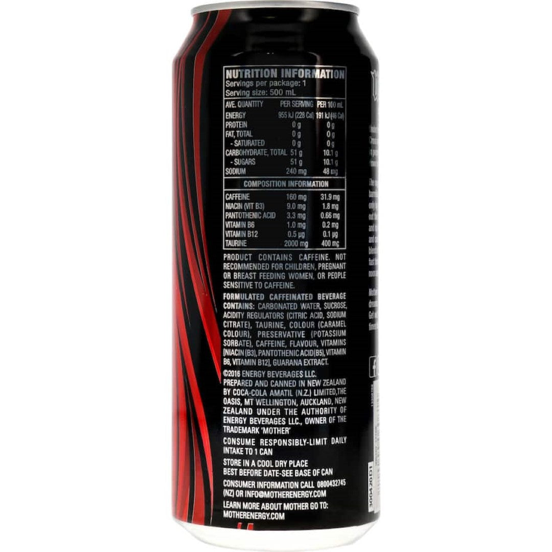 A sleek black can of Mother Energy Drink Black, designed for an intense energy boost and refreshing flavor.