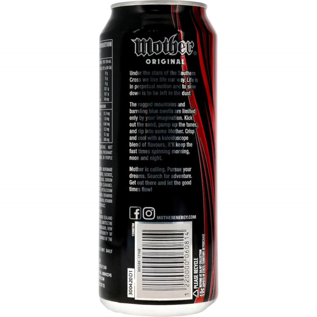 A sleek black can of Mother Energy Drink Black, designed for an intense energy boost and bold flavor.