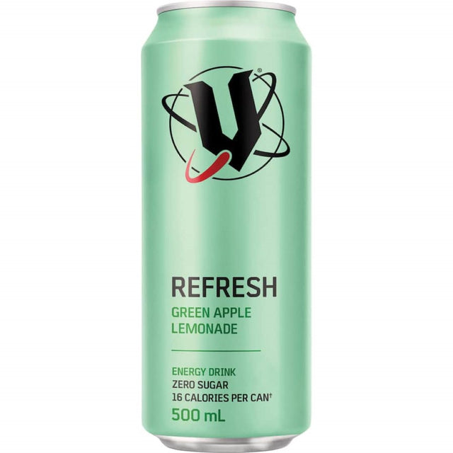 V Refresh Energy Drink in Green Apple Lemonade flavor, featuring essential vitamins and a refreshing boost of energy.