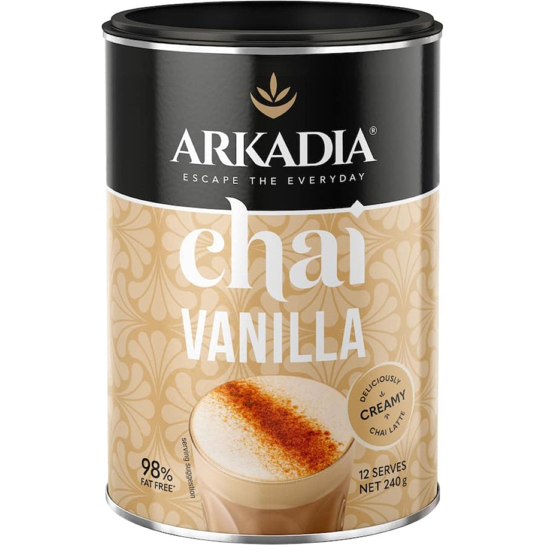 Delicious Arkadia Chai Tea Vanilla Mix featuring a blend of black tea, vanilla, and traditional spices for a cozy drink.