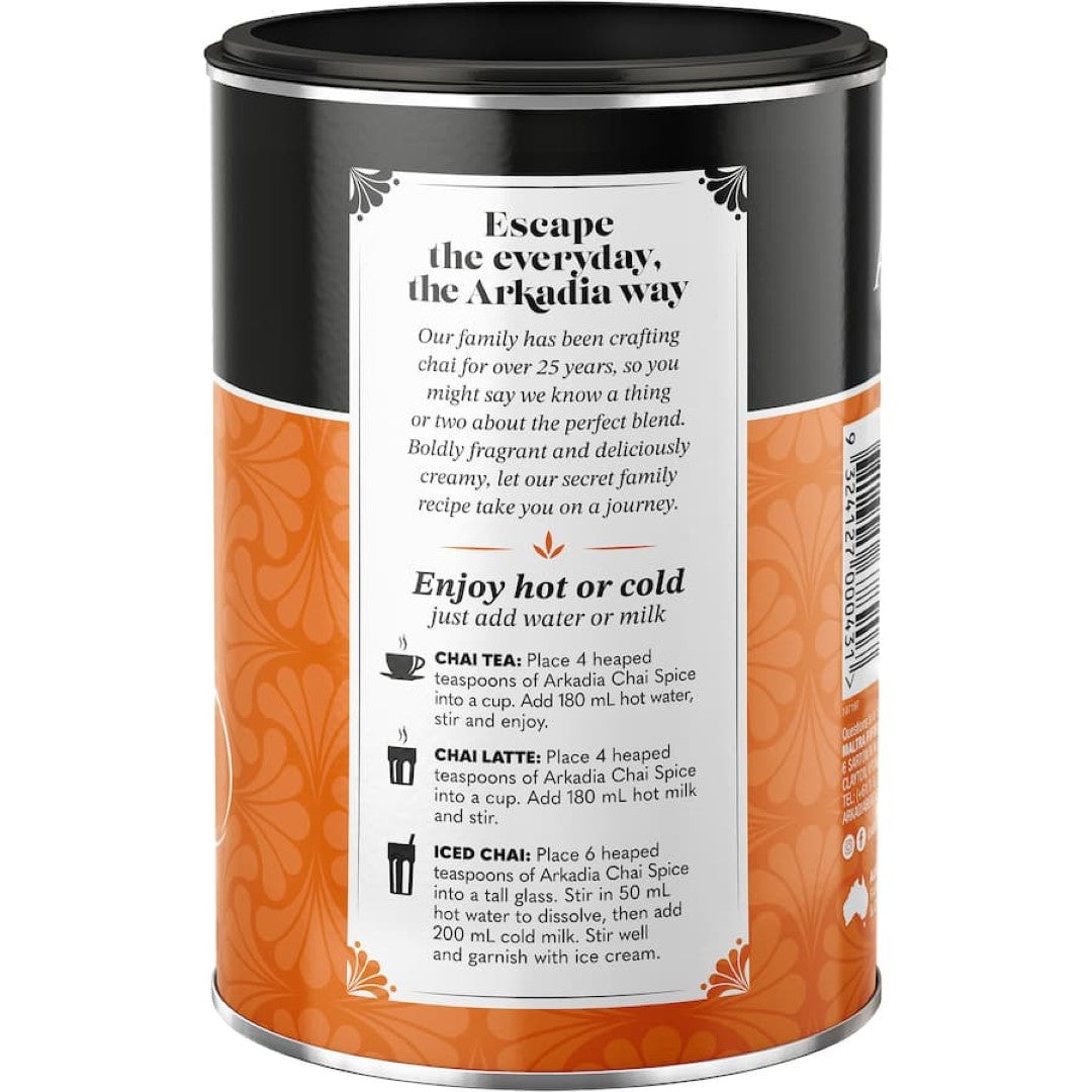 Aromatic Arkadia Chai Tea Spice blend featuring cinnamon, ginger, cardamom, and cloves for a warm, comforting drink.