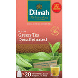 Close-up of Dilmah Green Tea Natural Decaf packaging, showcasing pure Ceylon green tea for a refreshing caffeine-free experience.