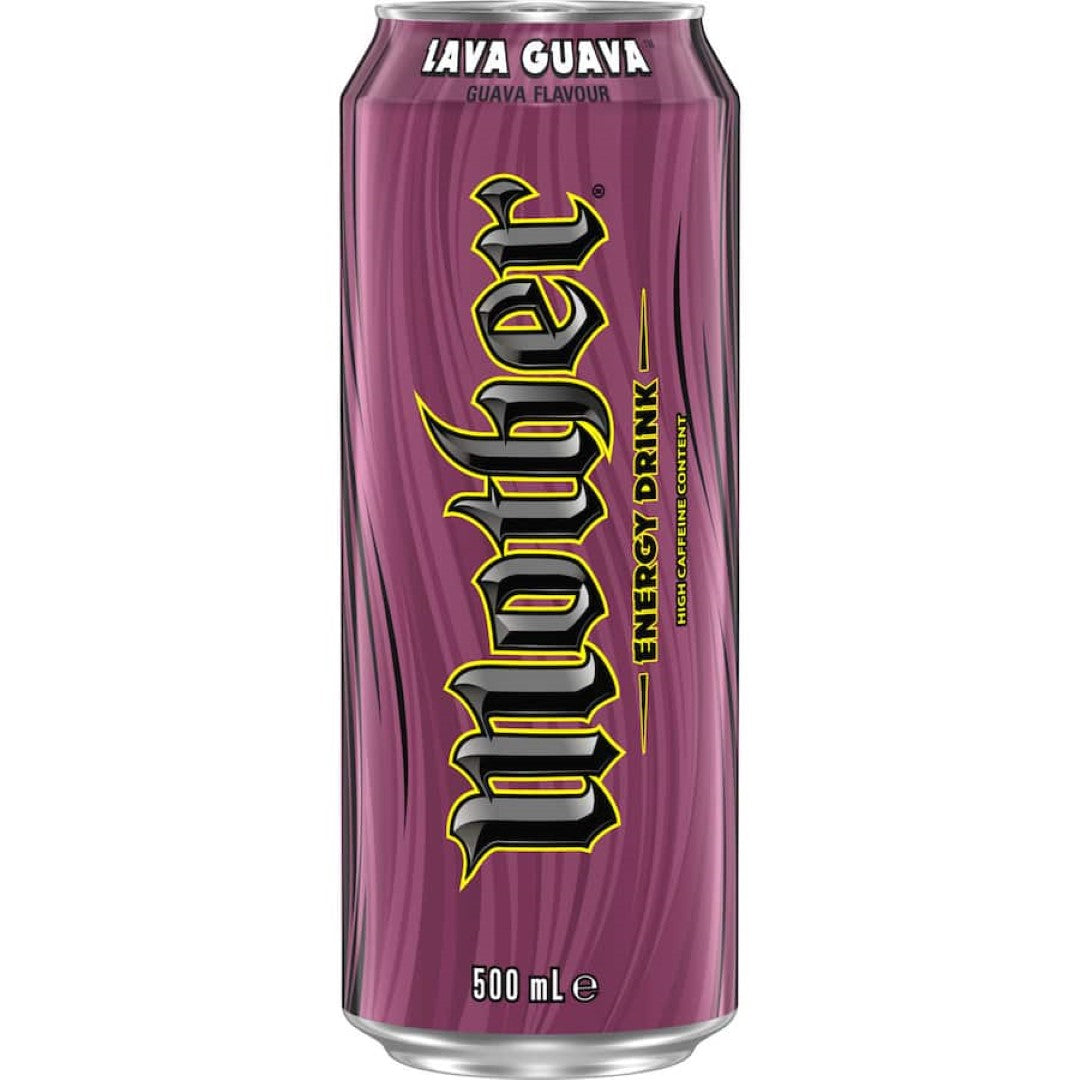 Crisp can of Mother Energy Drink Lava Guava, showcasing vibrant tropical guava flavor for energizing adventures.