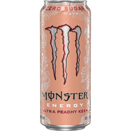 A can of Monster Ultra Energy Drink Peachy Keen, showcasing vibrant peach graphics and highlighting its low-calorie, energizing formula.