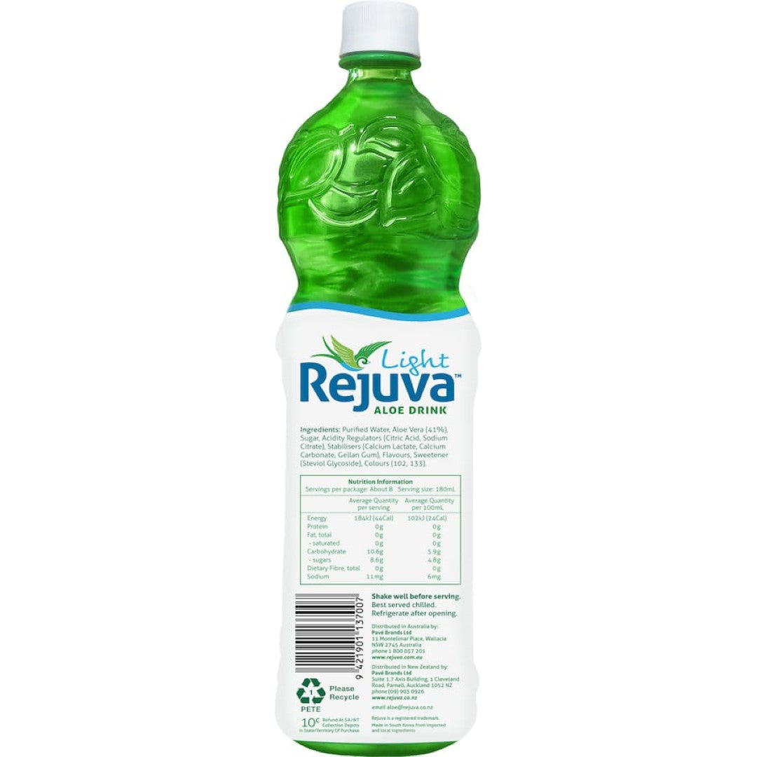 Refreshing Rejuva Aloe Vera Drink Light in a bottle, promoting hydration and wellness with natural aloe vera goodness.