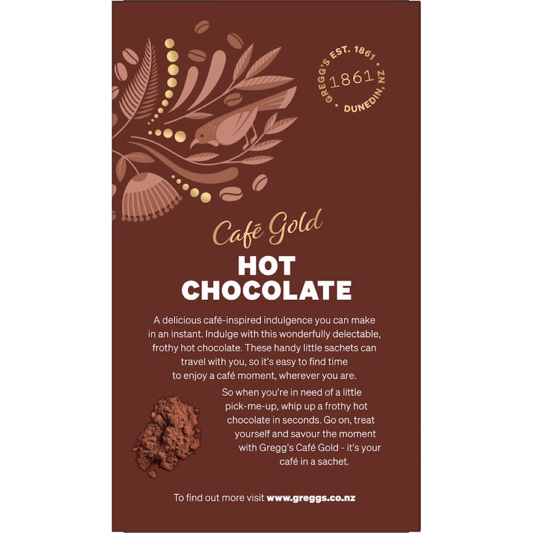 Rich dark cocoa hot chocolate mix in a box of 10 sachets, perfect for a quick and indulgent treat at home or work.