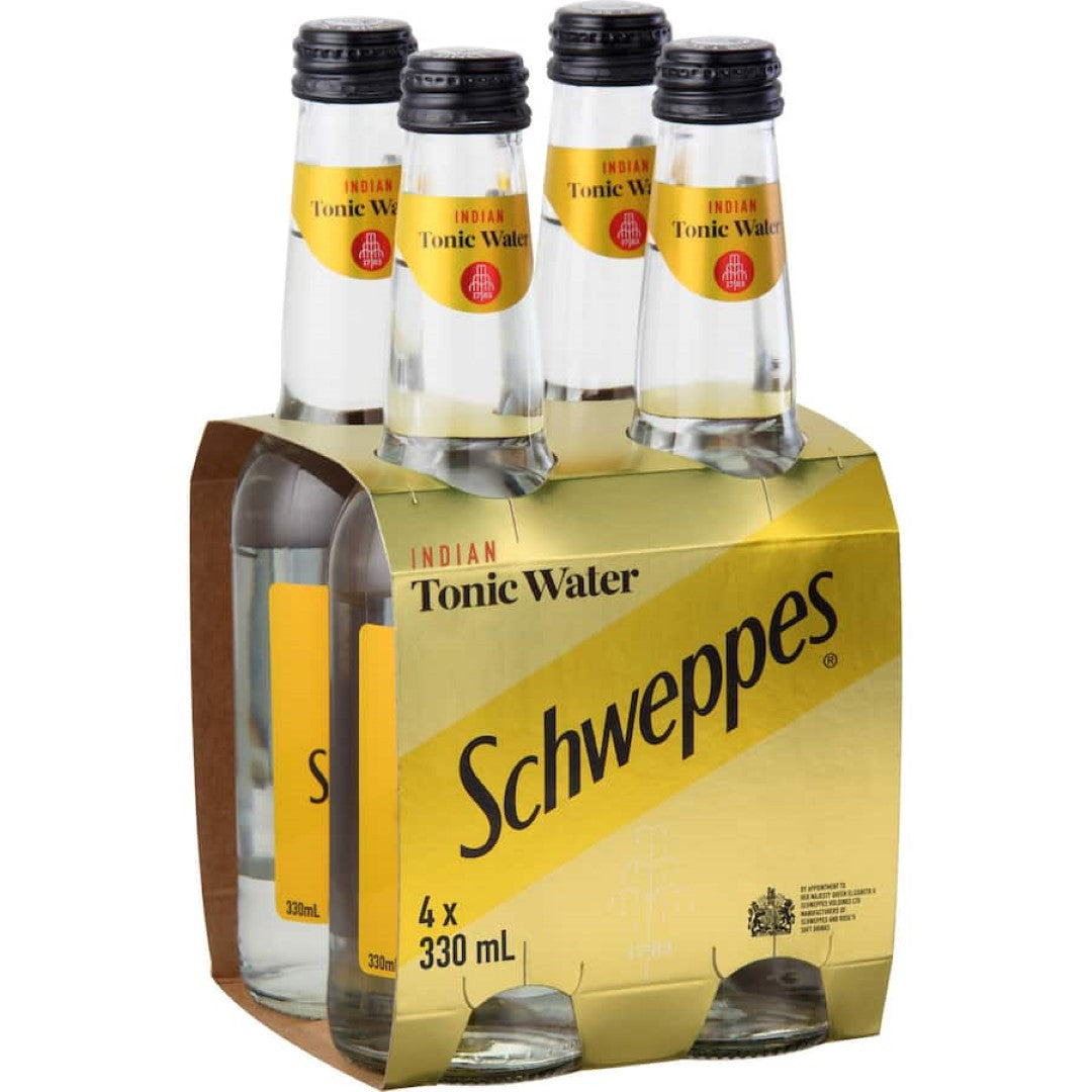 Schweppes Indian Tonic Water 330ml bottle, ideal mixer for gin, with crisp taste and natural quinine for a refreshing drink.