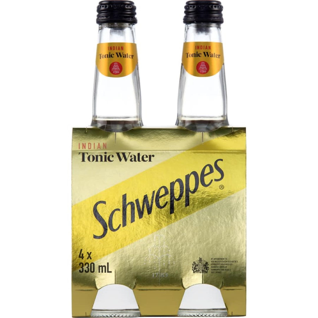 Refreshing Schweppes Indian Tonic Water 330ml, perfect for gin cocktails with crispness and bitterness, featuring natural quinine.