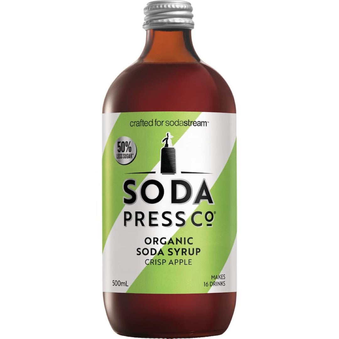 Soda Press Co Crisp Apple Syrup bottle, featuring natural ingredients for delicious homemade sparkling apple drinks.