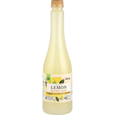 Woolworths Cordial Lemon bottle, showcasing refreshing lemon flavor for drinks, cocktails, and picnics.