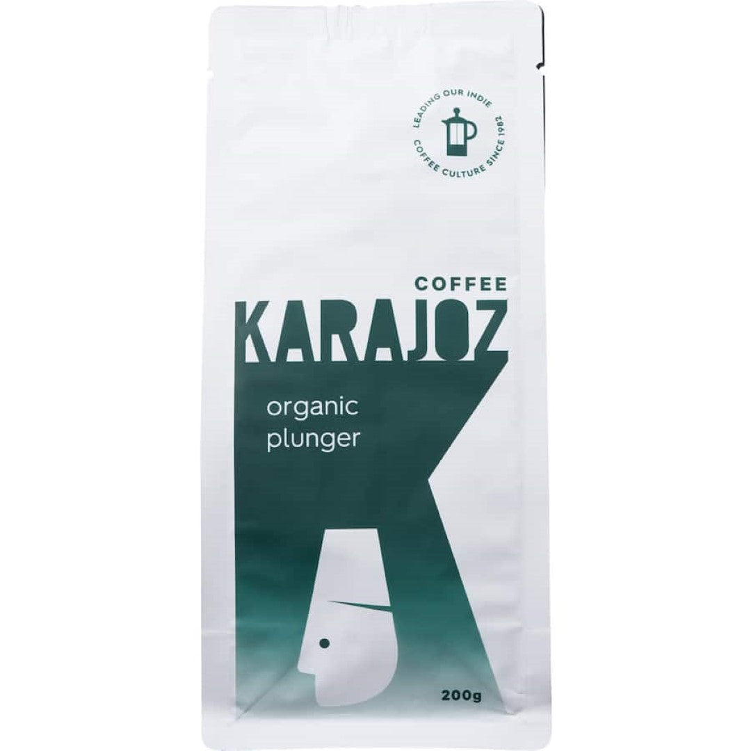 Karajoz Plunger Grind Organic coffee features rich chocolate and toffee notes, crafted from fair-trade organic beans for a smooth taste.