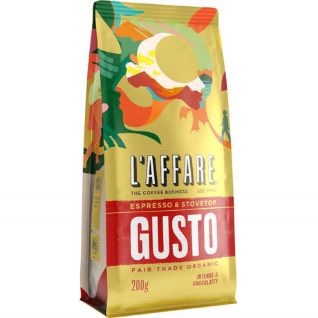 A bag of L'affare Espresso Grind Gusto coffee featuring dark chocolate and plum flavors, ethically sourced and organic.