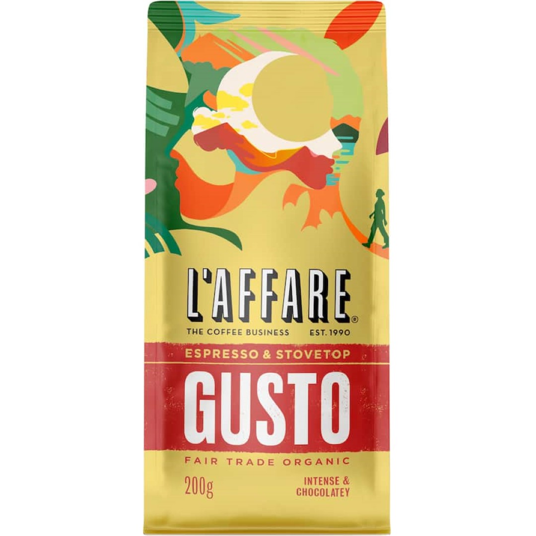 L'affare Espresso Grind Gusto coffee blend featuring dark chocolate and plum notes from organic Fair Trade beans.