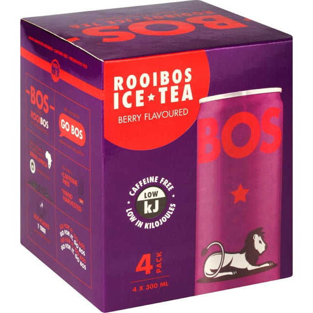 A can of Bos Ice Tea Berry showcasing a blend of real fruit flavors, premium rooibos tea, and antioxidants in a refreshing drink.