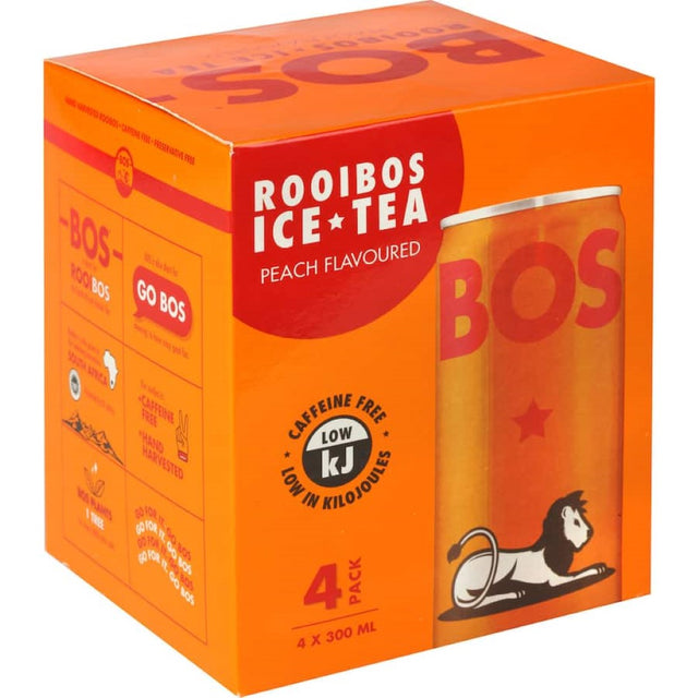 Bos Ice Tea Peach bottle featuring a blend of ripe peach flavor and refreshing iced tea, low-calorie and naturally flavored.