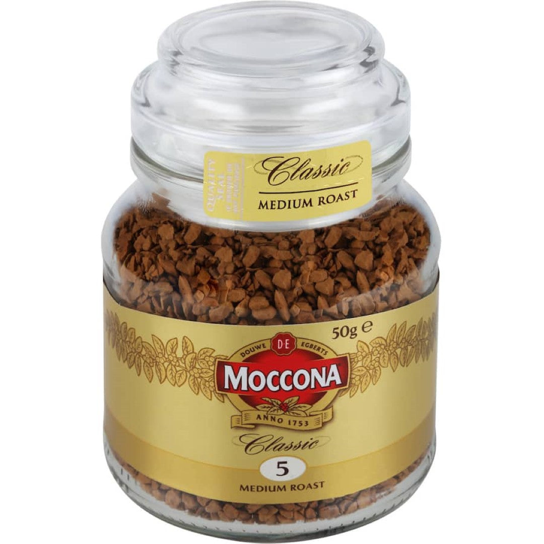 Moccona Classic Instant Freeze Dried Coffee in a 50g glass jar, featuring rich, full-bodied medium roast flavor.