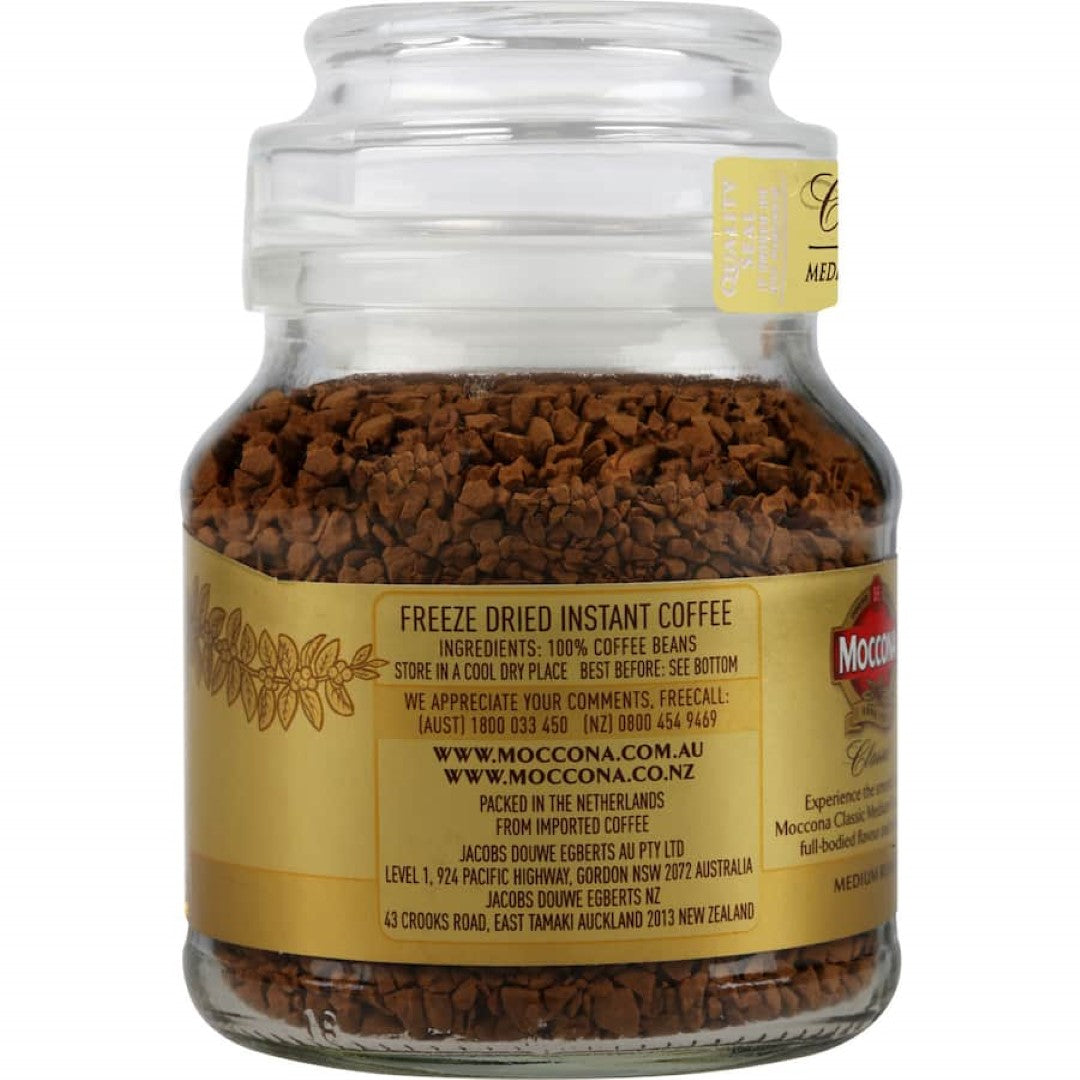 Moccona Classic Instant Freeze Dried Coffee Medium Roast in a 50g glass jar, offering smooth, full-bodied flavor from quality beans.