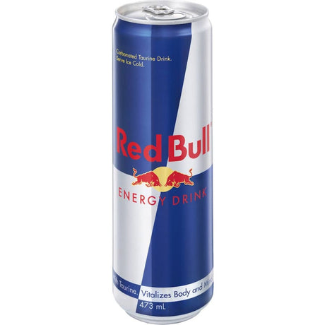 Red Bull Energy Drink in a 473 ml can, featuring a blend of caffeine, taurine, and vitamins for an energizing boost.