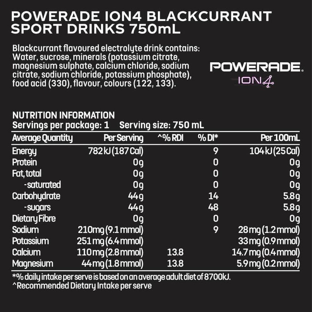 Powerade Sports Drink Blackcurrant in a bottle, providing electrolytes and energy for athletes with a refreshing taste.