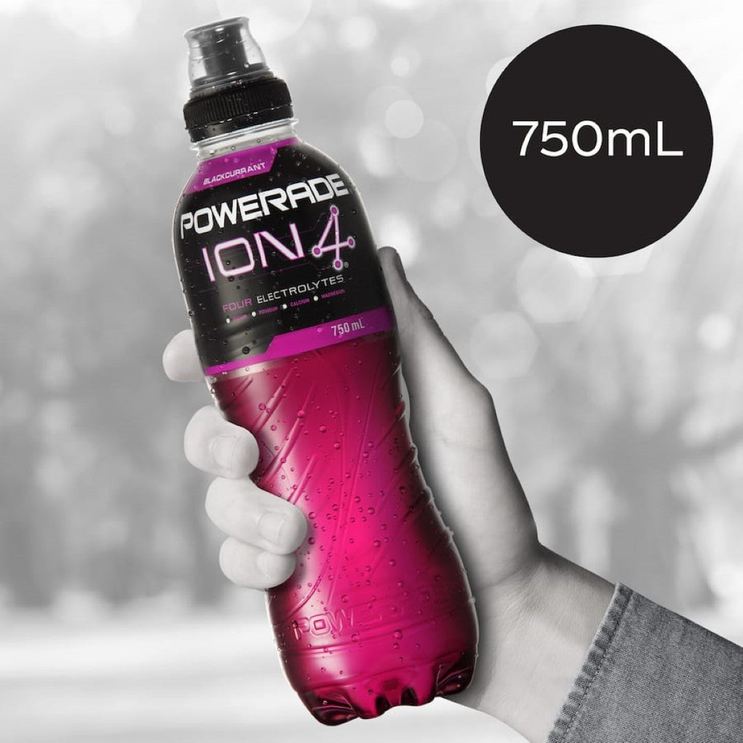 Powerade Sports Drink Blackcurrant in a sipper cap bottle, packed with electrolytes for optimal hydration and energy.