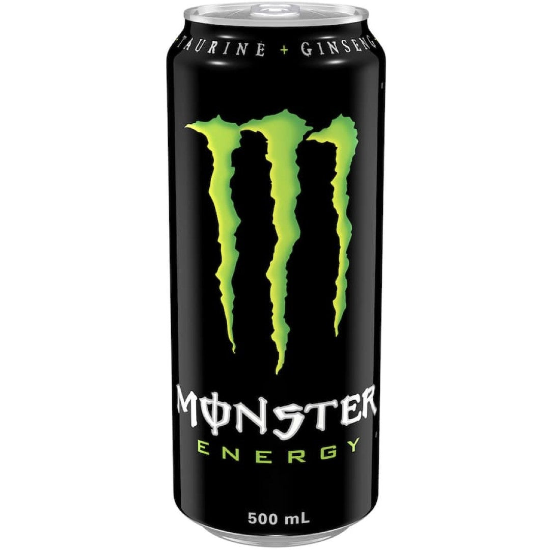 A can of Monster Energy Drink showcasing its vibrant design, packed with caffeine and B vitamins for an energy boost.